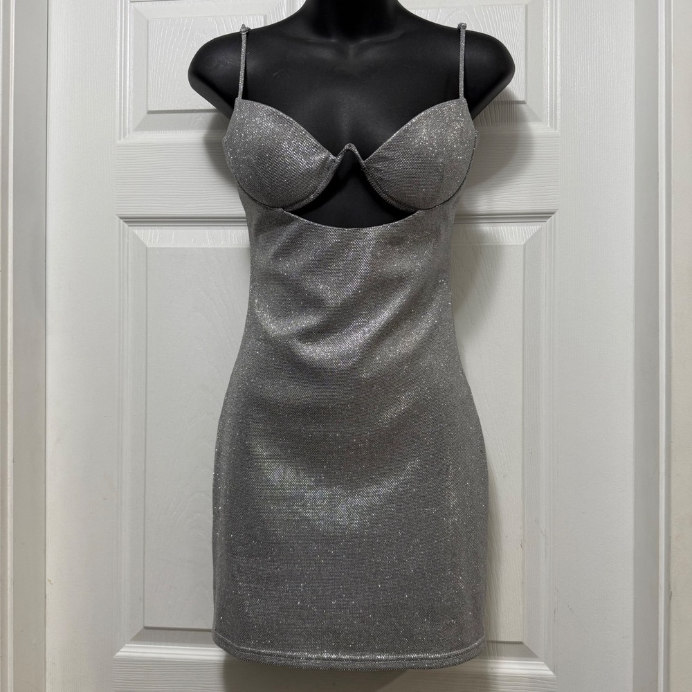 Mya Mini Dress Silver Glitter, Babyboo Underwire Cutout Bodycon Metallic Sparkle